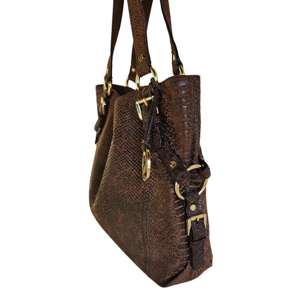 Michael Kors Brown Snake Embossed Leather Hobo Bag Slouchy Boho Designer Purse - Picture 10 of 13